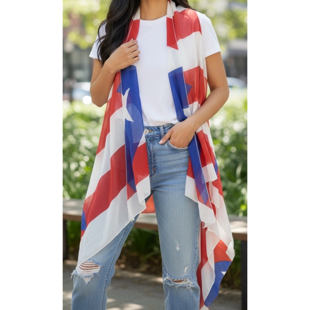 SAX One Size Fits Most Red White & Blue Puerto Rico Flag Print Scarf Vest Duster